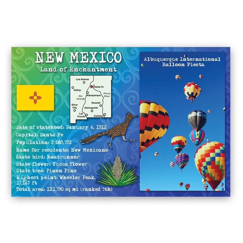 Postcard Fair NEW MEXICO STATE FACTS postcard set of 20 identical postcards. Post cards with NM facts and state symbols. Made in USA. - Image 1